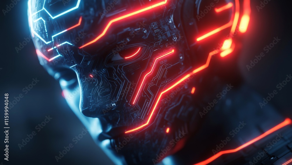 Poster close-up of a futuristic android's head with glowing circuits.