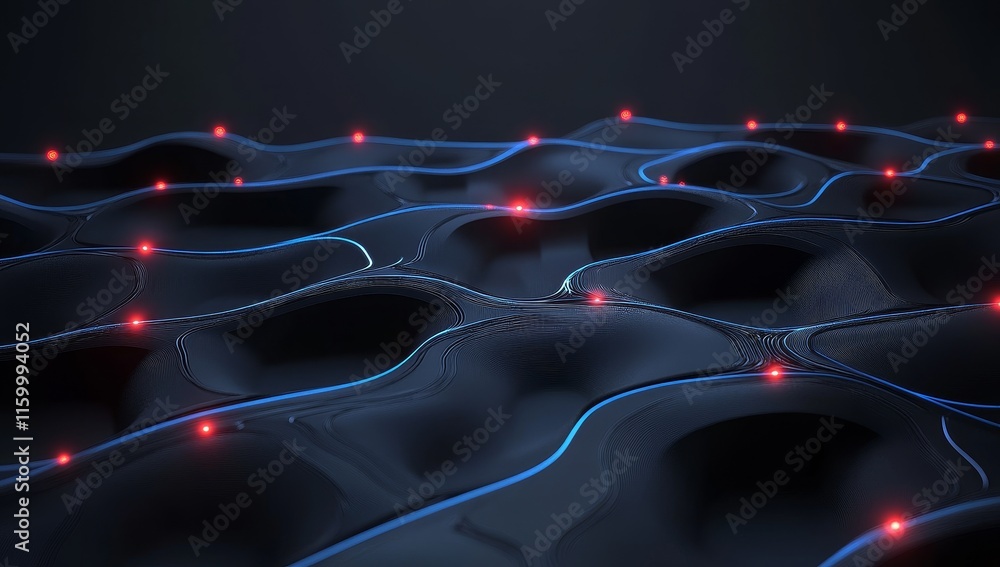 Poster abstract dark surface with glowing nodes and flowing lines.