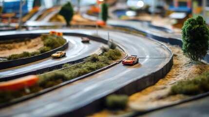 A dynamic radio control car racing track with sharp turns and jumps, RC cars and controllers set up for speed, Natural photo of