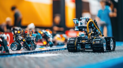 A dynamic robotics competition with robot teams and technical setups, Robotics kits and competition arena arranged for STEM education, Classic photo of