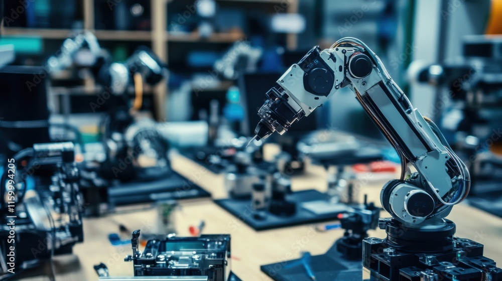 Poster A dynamic robotics workshop with robot prototypes and technical equipment, Robotics tools and components set up for innovation and experimentation, Classic photo of