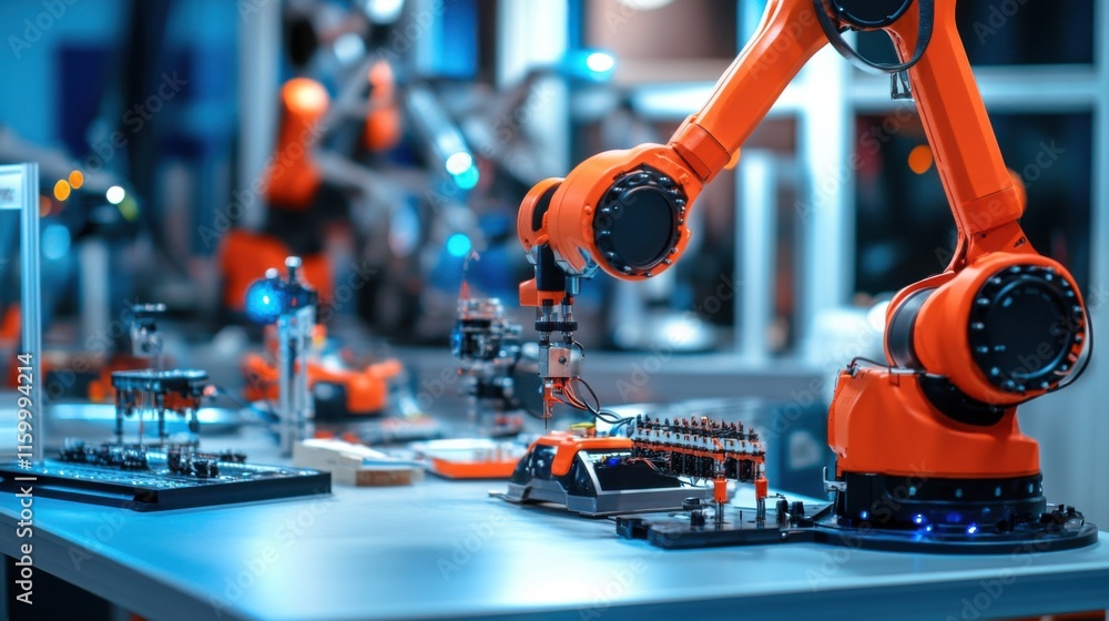 Poster A dynamic robotics workshop with robot prototypes and technical equipment, Robotics tools and components set up for innovation and experimentation, Classic photo of