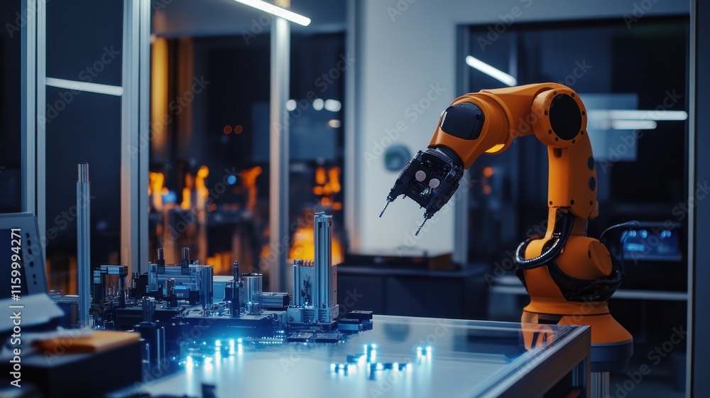 Poster A dynamic robotics workshop with robot prototypes and technical equipment, Robotics tools and components set up for innovation, Classic photo of