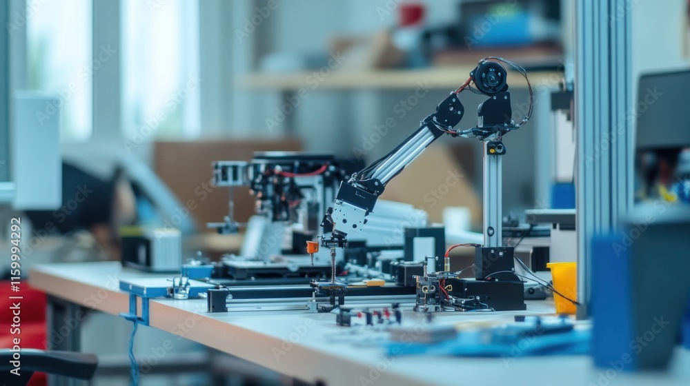 Poster A dynamic robotics workshop with robot prototypes and technical equipment, Robotics tools and components set up for innovation, Classic photo of
