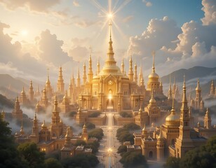 Naklejka premium Golden Celestial City Heavenly Architecture Sunrise Glow