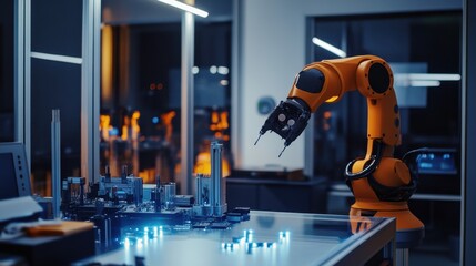 A dynamic robotics workshop with robot prototypes and technical equipment, Robotics tools and components set up for innovation, Classic photo of