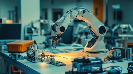 A dynamic robotics workshop with robot prototypes and technical equipment, Robotics tools and components set up for innovation, Classic photo of