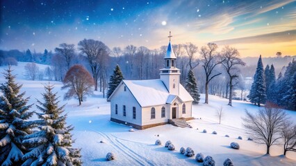 Winter Silhouette of an Old White Country Church Surrounded by Snowy Landscape â€“ Scenic Winter Photography of a Charming Historic Building in a Serene Snowy Setting