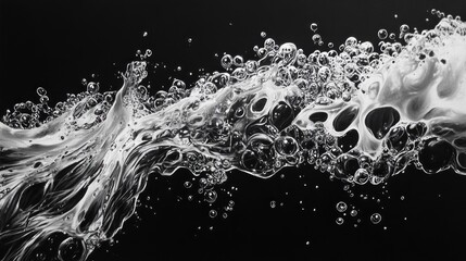 Obraz premium The movement of white bubbles in the dark space creates a dynamic, fluid effect, like soda effervescing in clear liquid, evoking the beauty of underwater life. 