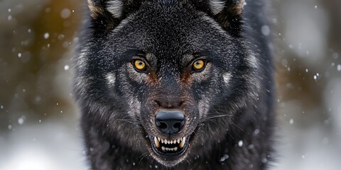 Black wolf snarls fiercely during snowy weather.