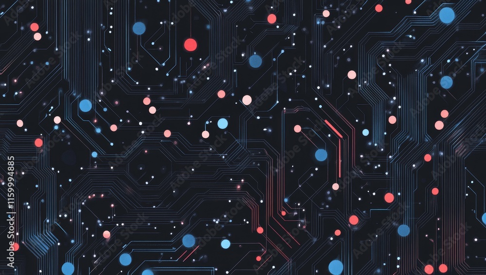 Poster abstract circuit board with glowing nodes and connections.