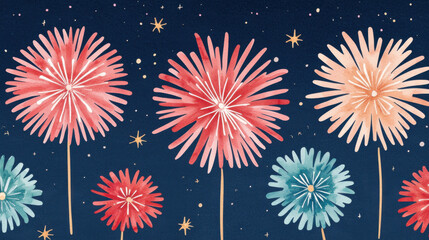 Colorful fireworks burst against starry night sky in watercolor art