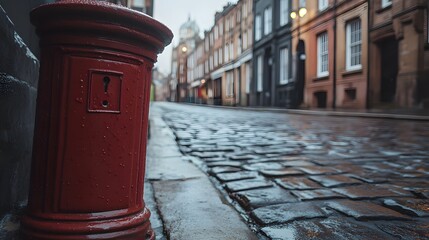 Historic red mailbox stands prominently on a British street, symbolizing timeless communication and cultural heritage