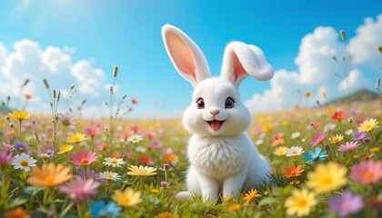 Happy White Bunny Sitting In Colorful Flower Field Sunny Day