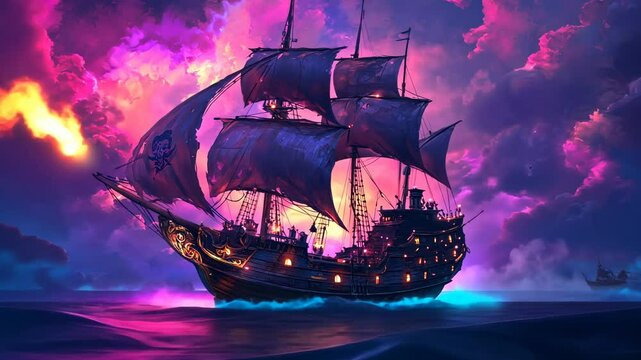 A majestic pirate ship sailing on the ocean under colorful clouds, with glowing lights illuminating its sails and crew, 