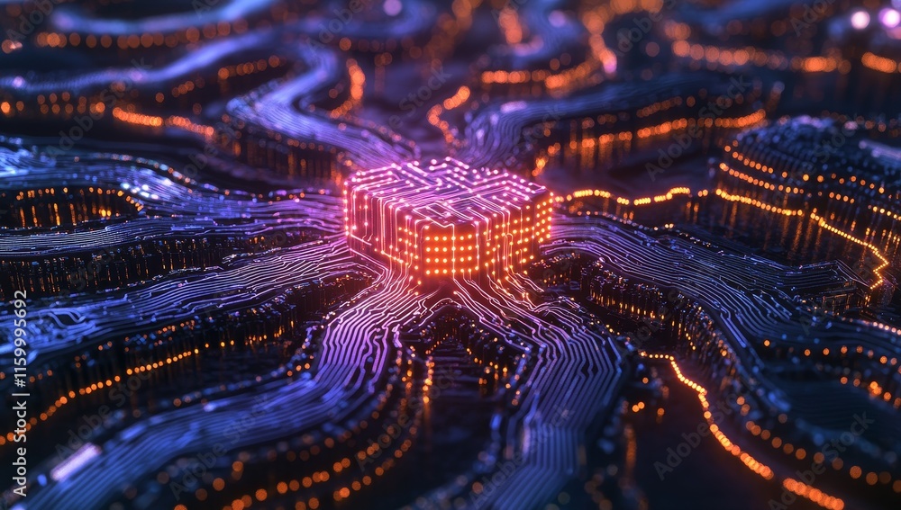 Aufkleber glowing central processing unit surrounded by complex circuitry.