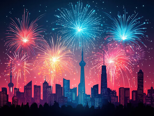 Colorful fireworks light up night sky over city skyline