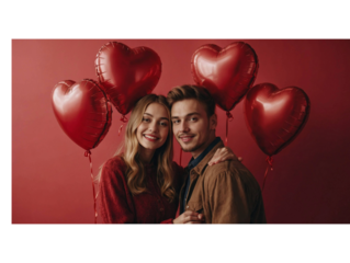 Happy young couple holding red balloons shaped heart standing on light red studio room. Valentine's day celebration

