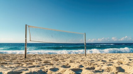 A lively beach volleyball match on sandy shores, Volleyball net set against crashing ocean waves, Coastal sports action style