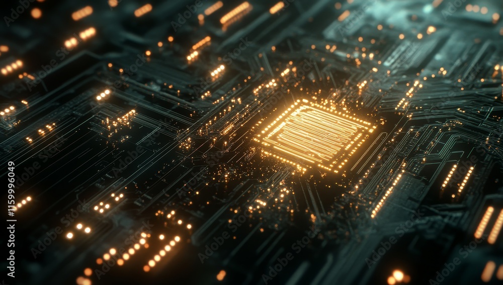 Poster close-up of illuminated central processing unit on a circuit board.