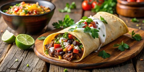 Delicious Mexican Burrito with Beef, Beans, and Sour Cream - Authentic Cuisine, Food Photography, Gourmet Dish, Tasty Meal, Culinary Delight, Mexican Food, Burrito Platter, Savory Ingredients