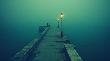 Obraz premium A foggy pier illuminated by street lamps over calm water.