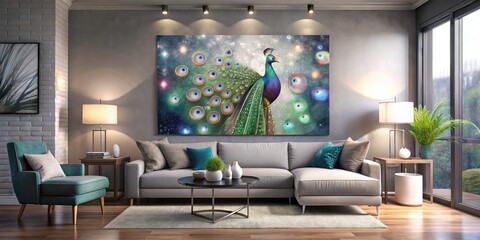 Elegant Peacock Aurora Panoramic Living Room with Bokeh Effect, Modern Gray Decor, Stylish Poster, Cozy Atmosphere, Contemporary Interior Design, Home Aesthetics, Interior Inspiration