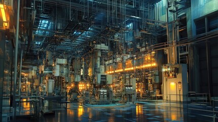 Inside view of an electrical substation, intricate systems and engineers at work,