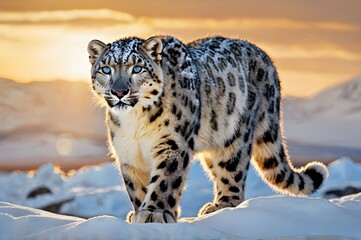 Fototapeta premium Snow leopard poised elegantly in an expansive snowfield during the golden hour