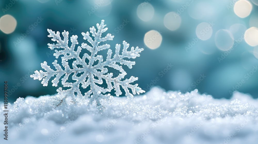 Poster a delicate snowflake rests on soft snow, creating a serene winter scene with a blurred background.