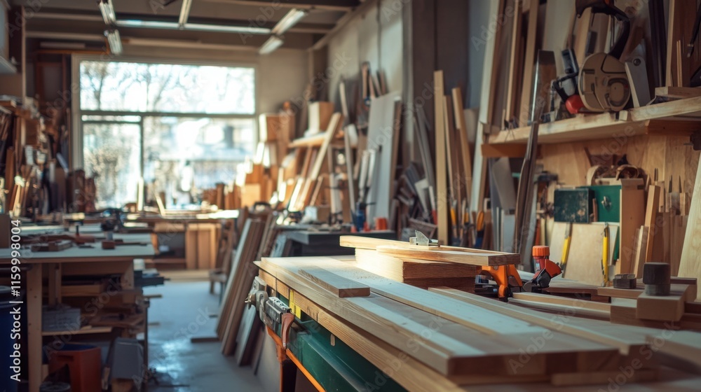 Poster a lively woodworking workshop with saws and timber, woodcraft tools organized in a busy studio, craf