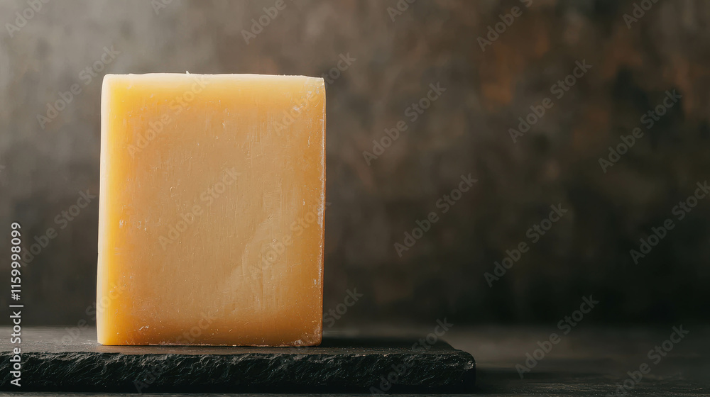 Poster neatly cut cheese block displayed on dark slate surface for culinary use