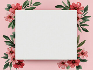 Floral border with blank white card on pink background