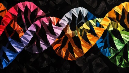 Colorful origami DNA helix on black background.