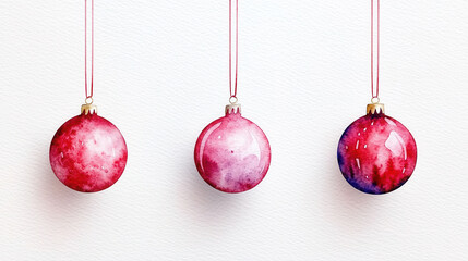 Watercolor holiday ornaments in red hues hang elegantly