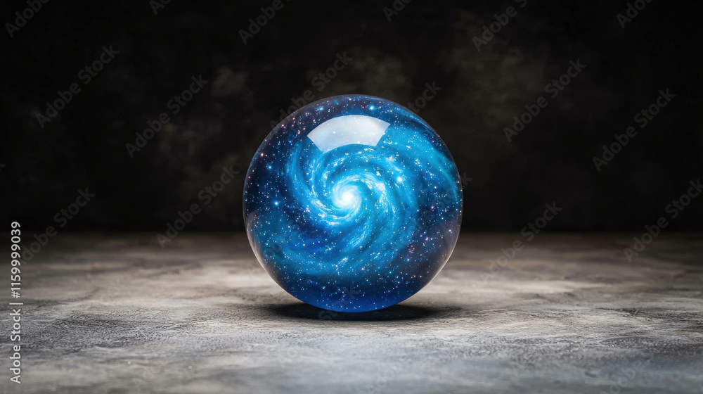 Poster perfectly round crystal orb floating in space with cosmic swirls and stars