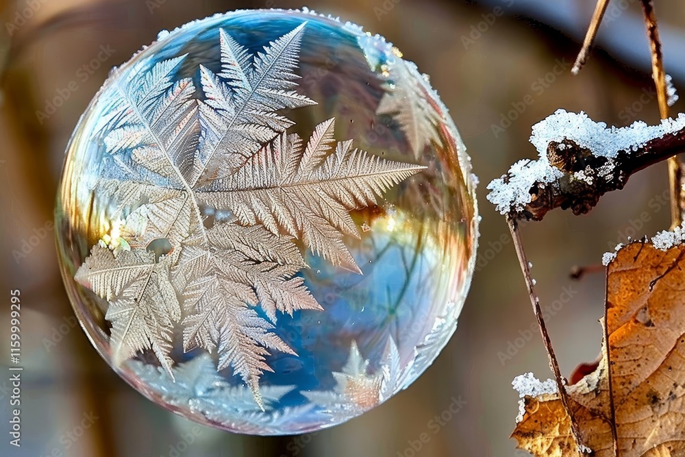 Poster stunning macro photography of frozen soap bubbles with intricate ice crystal patterns