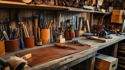 A meticulously arranged leather crafting station in a rustic workshop, Leatherworking tools and materials neatly placed, Traditional craft style
