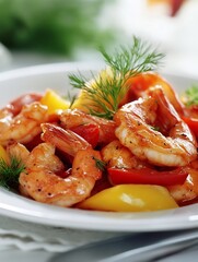 Spicy Grilled Shrimp with Fresh Herbs and Vegetables on Plate : Generative AI
