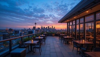 Fototapeta premium Cityscape Rooftop Dining Tables Sunset View Evening Ambiance