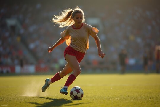 Young Female Soccer Player Dribbling the Ball on Field