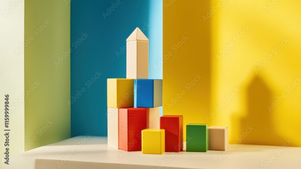 Poster A meticulously crafted block-building station within a minimalist studio, Vibrant blocks precisely positioned, Modern minimalist style