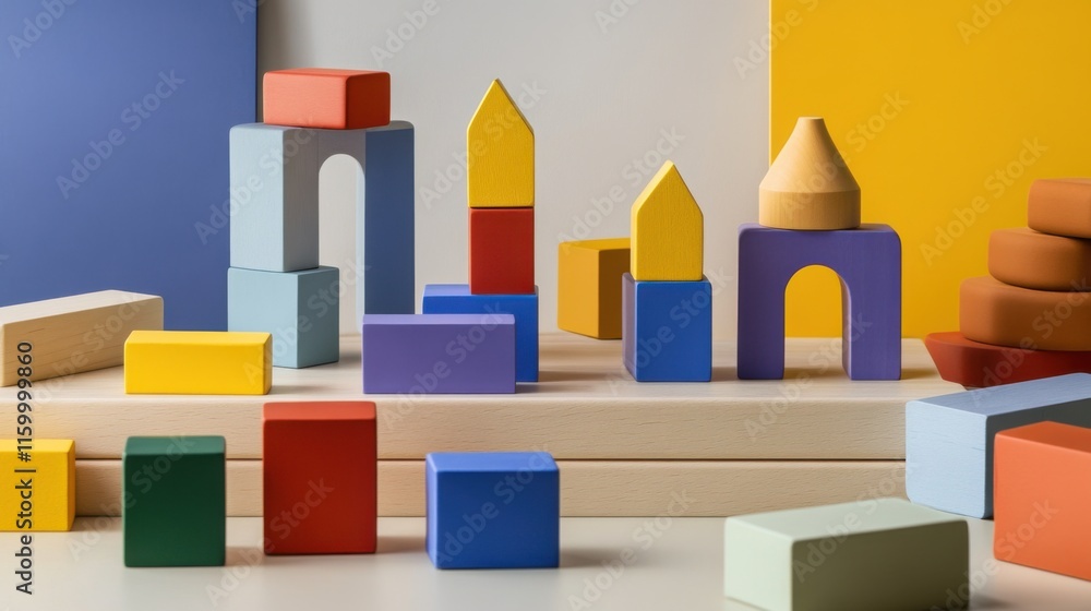 Poster A meticulously crafted block-building station within a minimalist studio, Vibrant blocks precisely positioned, Modern minimalist style