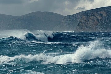 Fototapeta premium Dramatic ocean scene intense waves and rugged mountains under a moody cloudy sky