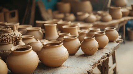 A meticulously arranged pottery workshop, Clay pots in various stages of creation, Artisanal craft style