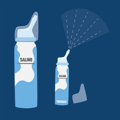 Nasal spray bottle vector illustration in cartoon style. Pump nasal spray to clean nose. Nose hygiene medical product. Flat vector in cartoon style isolated on dark background.