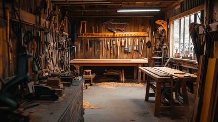 A meticulously organized woodworking shop with sawdust-covered benches, Tools hanging neatly against wooden walls, Traditional craftsmanship style