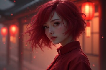 Portrait of a Young Woman with Red Hair in a Lantern-Lit Alley