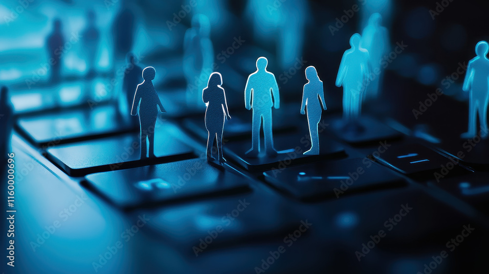 Poster a paper cut-out of people standing on top of and around the keyboard, creating an iconographic repre