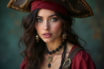 Portrait of a Young Woman in Pirate Costume with Dramatic Makeup